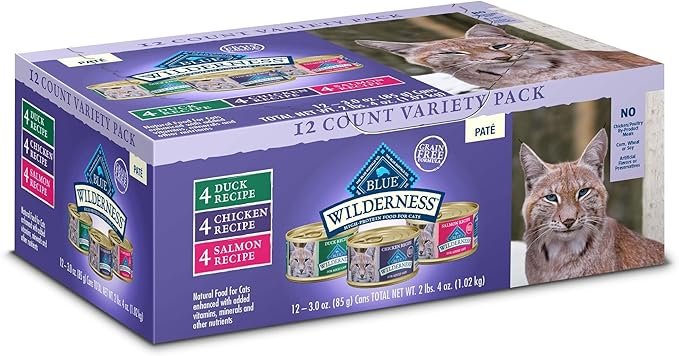 Blue Buffalo Wilderness high protein natural adult pate wet cat food chicken salmon duck 3 oz cans 12 count