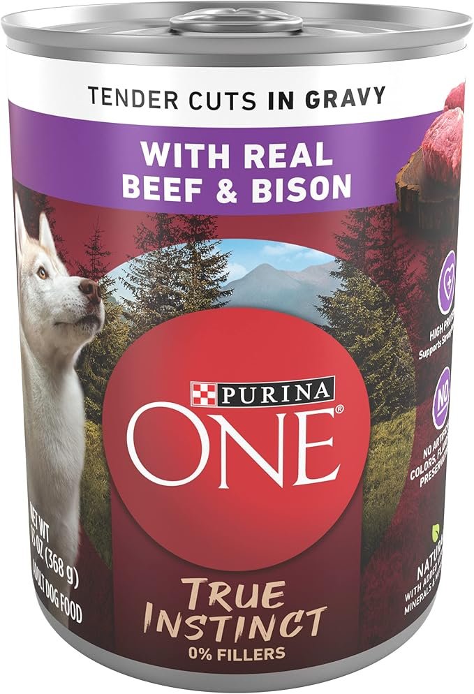 Purina ONE High Protein Wet Dog Food True Instinct Tender Cuts with beef and bison 13 oz cans pack of 12