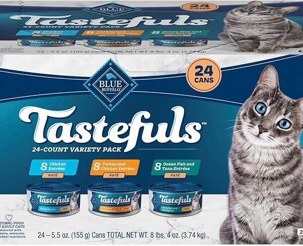 Blue Buffalo Tastefuls wet cat food pate variety pack chicken turkey ocean fish tuna 5.5 oz cans 24 count
