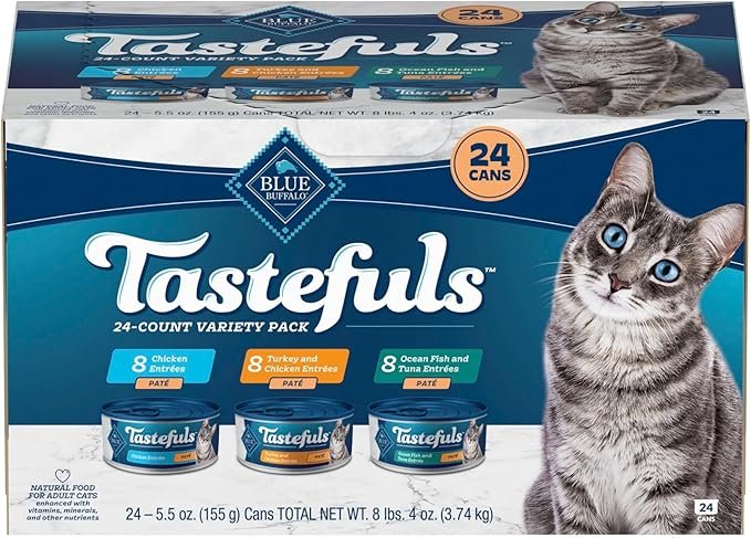 Blue Buffalo Tastefuls wet cat food pate variety pack chicken turkey ocean fish tuna 5.5 oz cans 24 count