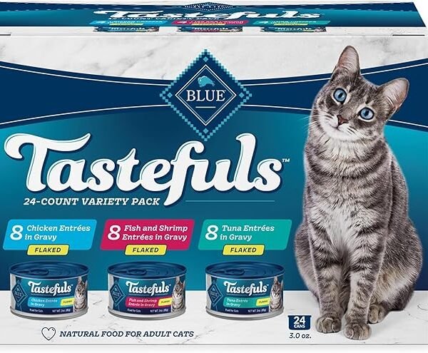 Blue Buffalo Tastefuls flaked wet cat food variety pack tuna chicken fish shrimp 3 oz cans 12 count